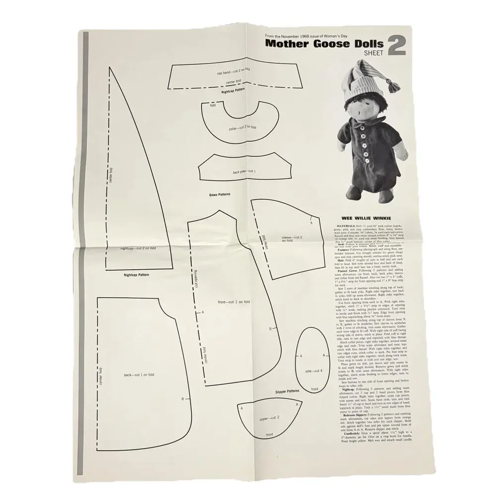 Woman's Day Mother Goose Dolls Sewing Pattern 6 Plush Cloth Doll VTG 1968